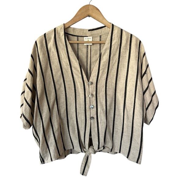 By Together Beige Stripe Linen Blend Crop V-Neck Tie Front Blouse Large - Picture 1 of 4